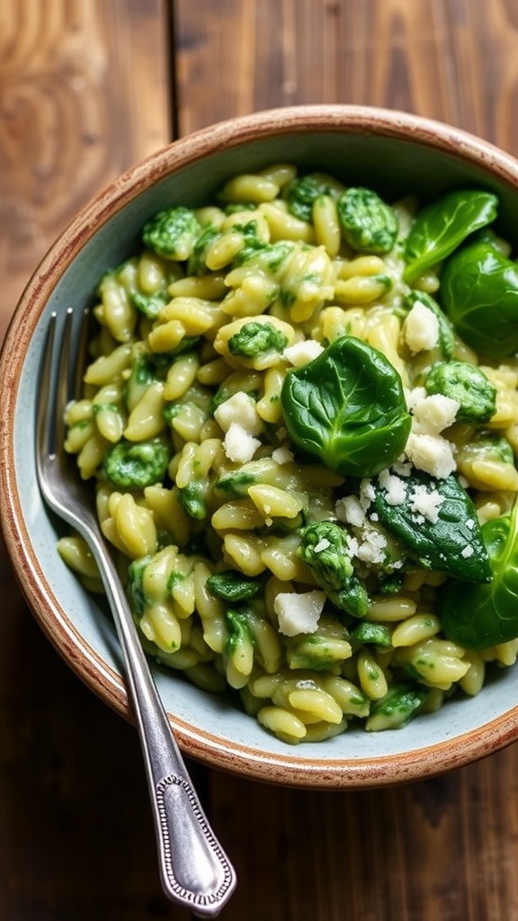 Creamy spinach risotto in a bowl garnished with Parmesan on a rustic wooden table.